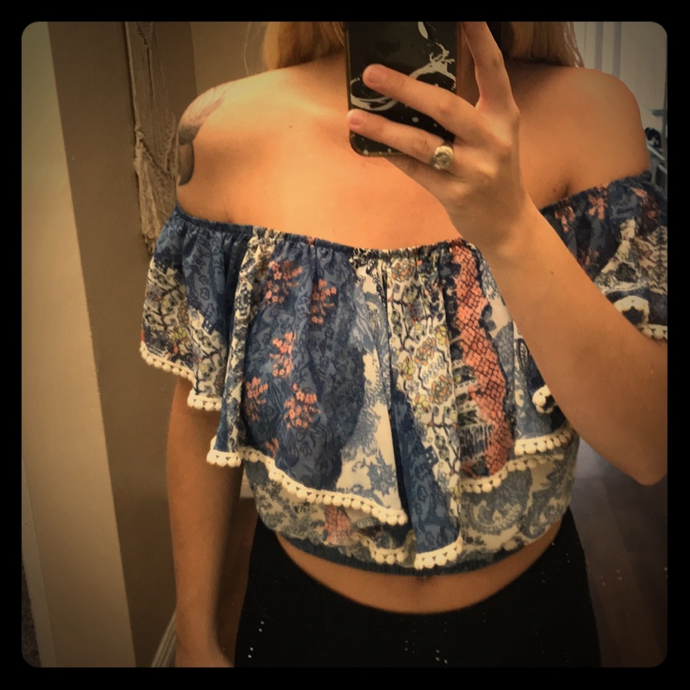 Off the shoulder blue paisley blouse